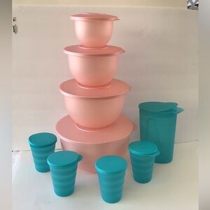Tupperware Impressions Classic  Bowl  (4) & Jug (4) Tumbler Pink & Turquoise